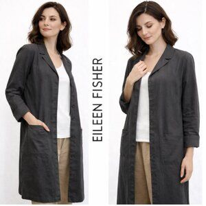 Eileen Fisher Charcoal Linen Duster Jacket Grey Button Down Size XL